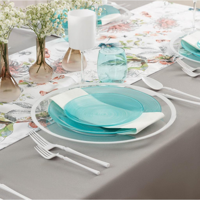 Ensemble de 32 assiettes rondes en plastique bleu turquoise translucide avec bordure dorée de 7 po et 10 po