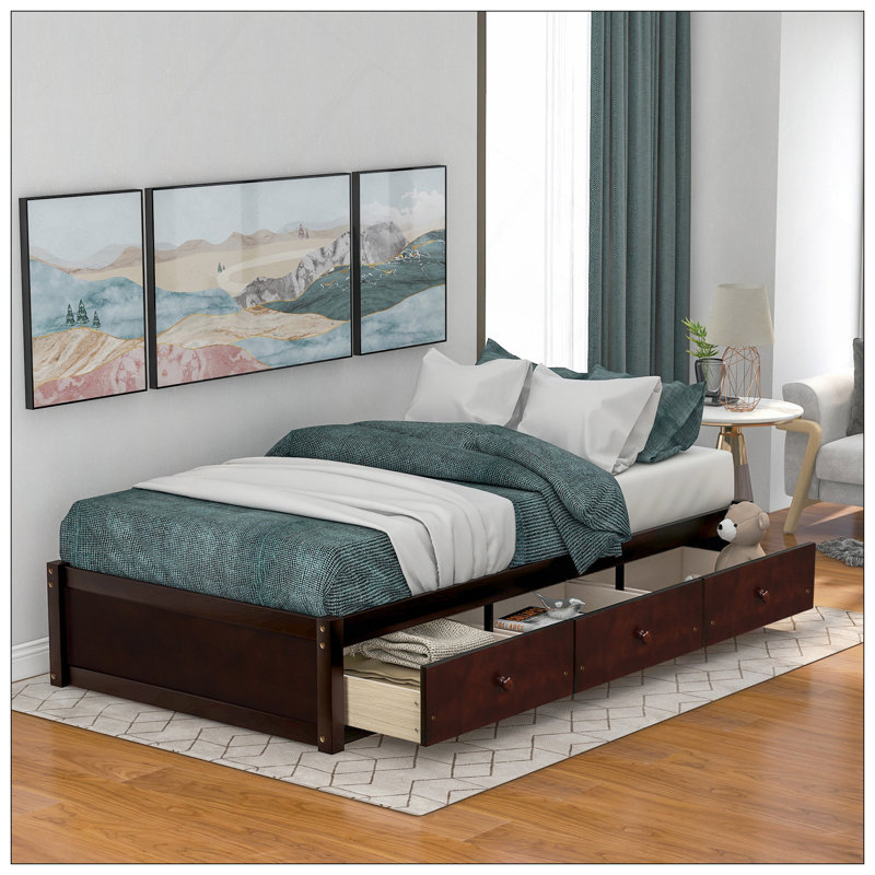 Lit plateforme simple avec rangement et 3 tiroirs, Cerisier