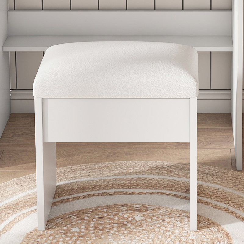 Coiffeuse blanche avec miroir à DEL, prise de courant, support pour sèche-cheveux et tabouret