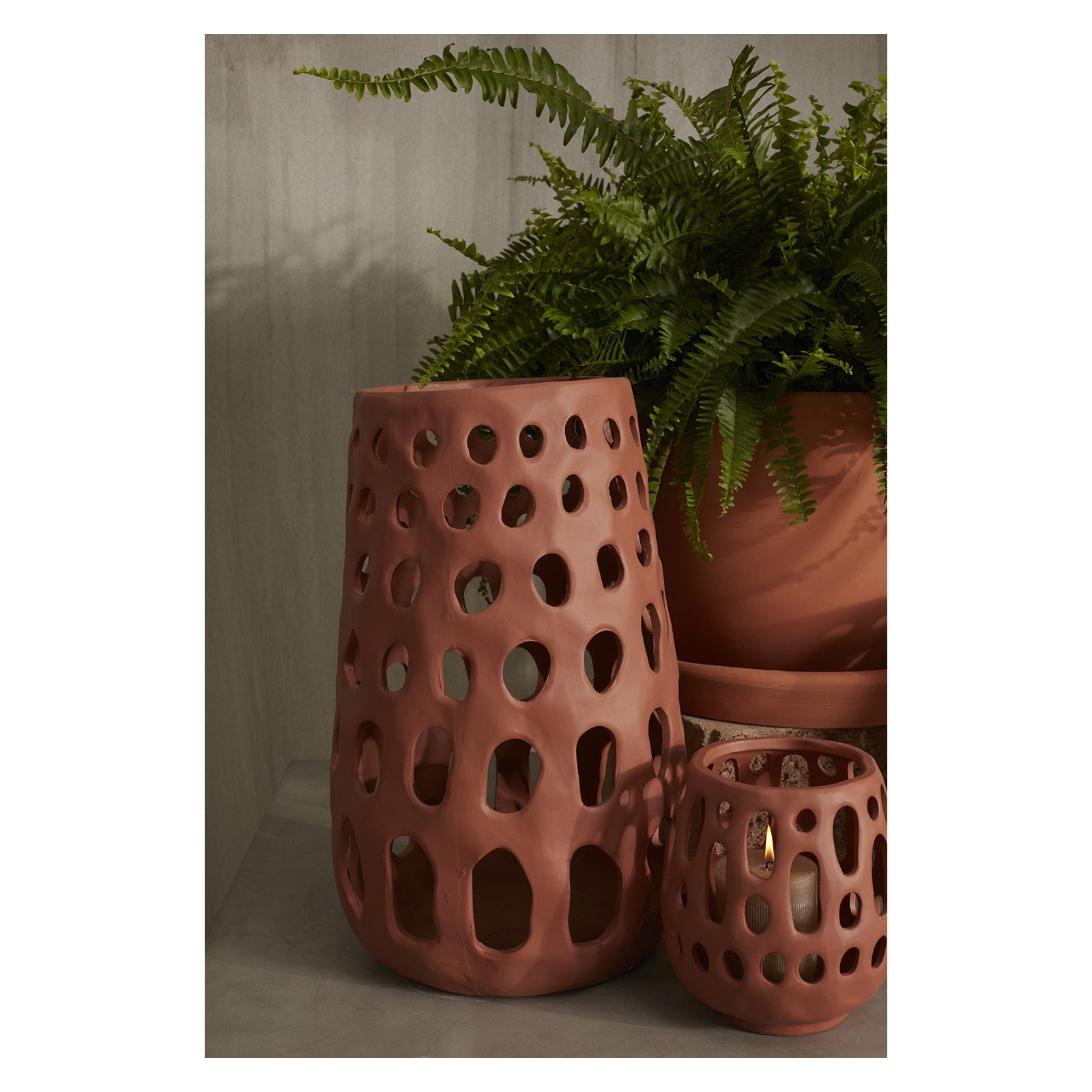 Ceramic Tabletop Lantern, 12.25" H x 8.25" W x 8.25" D