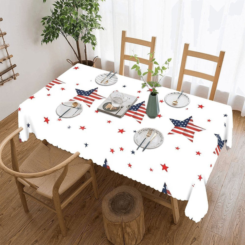 US Flag Star Print Independence Day 60" x 120" Scalloped Rectangular Tablecloth for Dining Patio