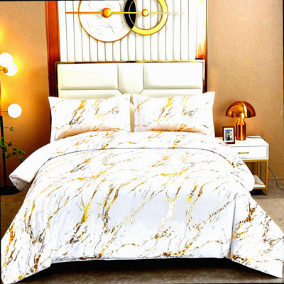 Luxury Marble Glitter Comforter Set - White Gold Metallic California F Print - Soft Microfiber Filling Duvet Set - All Seasons - 104"x96" - 2 Pillowcases