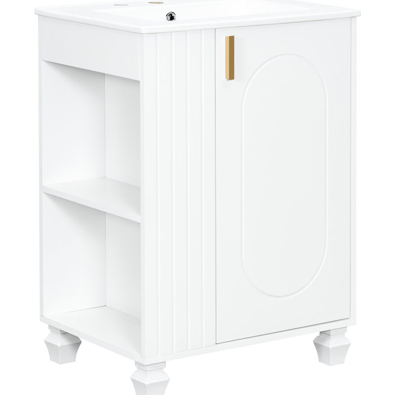 Meuble-lavabo rétro classique de 61 cm (24 po) avec lavabo en céramique lisse, structure en bois massif, porte à fermeture amortie, rangement latéral, étagères à 2 niveaux, trous prépercés pour la robinetterie, trop-plein fini, autoportant