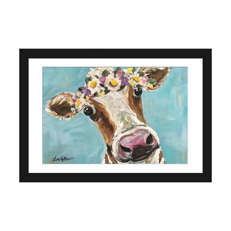 «Cow With Flower Crown On Turquoise» par Hippie Hound Studios, impression sur toile tendue, Papier d'art encadré noir, Blanc