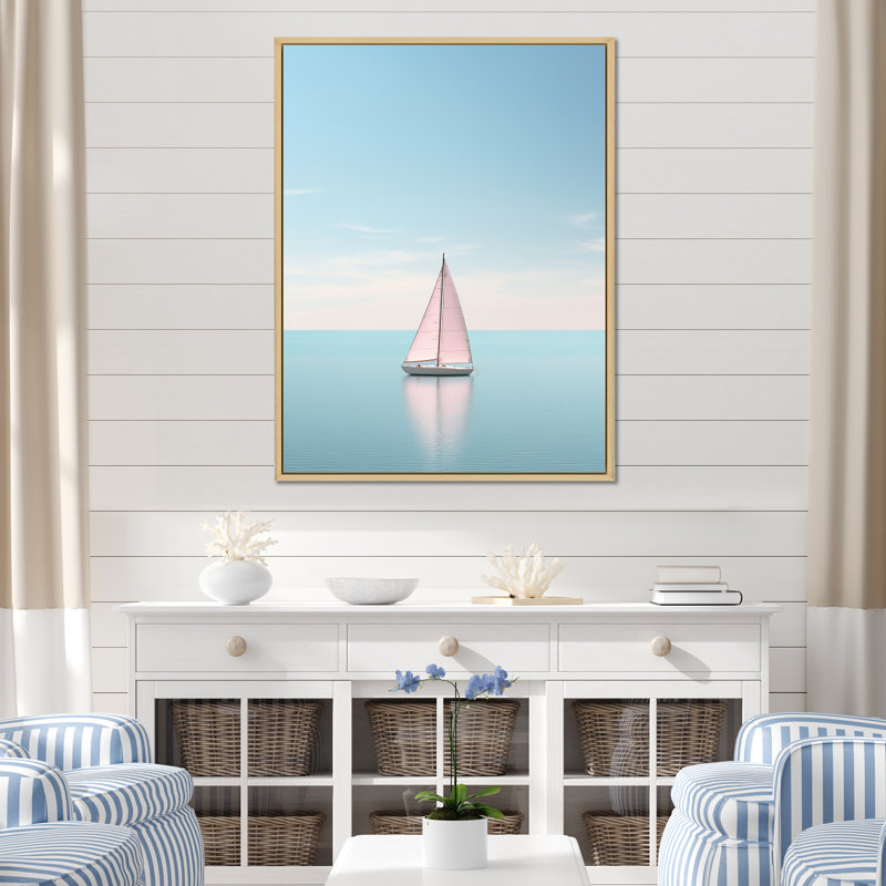 «Coastal Calm» rose et bleu voilier photo sur toile, H 32 po x l 24 po x P 1 po, Cadre naturel flottant