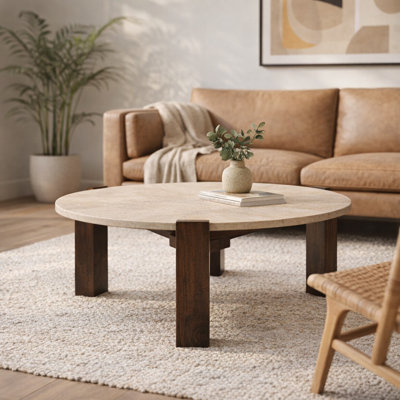 Table basse moderne en bois et travertin moderne pour le salon - Petite table d'appoint avec base robuste pour chambre à coucher - 37 po, brun et brun clair