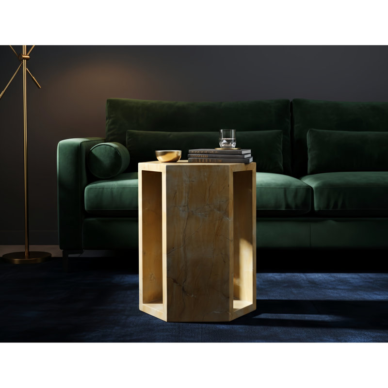 Table d'appoint moderne à motif géométrique en marbre doré espagnol, côté hexagonal 16 cm, 40 cm x 32 cm, teinte dorée beauté naturelle