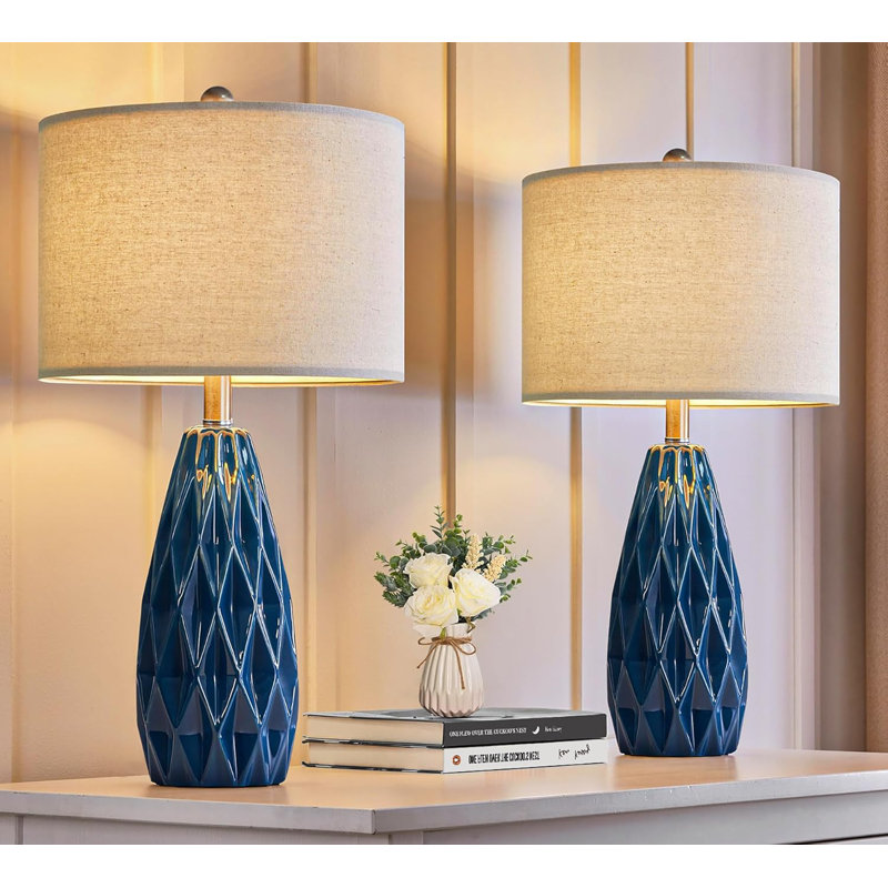 Modern Blue Ceramic Table Lamp Set with Beige Linen Shades