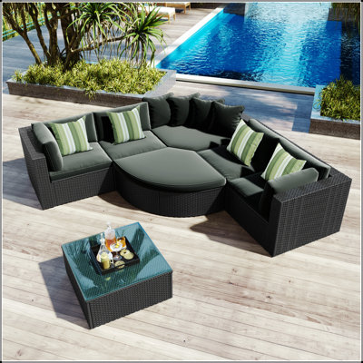 7-Piece Outdoor Wicker Sofa Set, Rattan Sofa Lounger, with Striped Green Pillows, Conversation Sofa