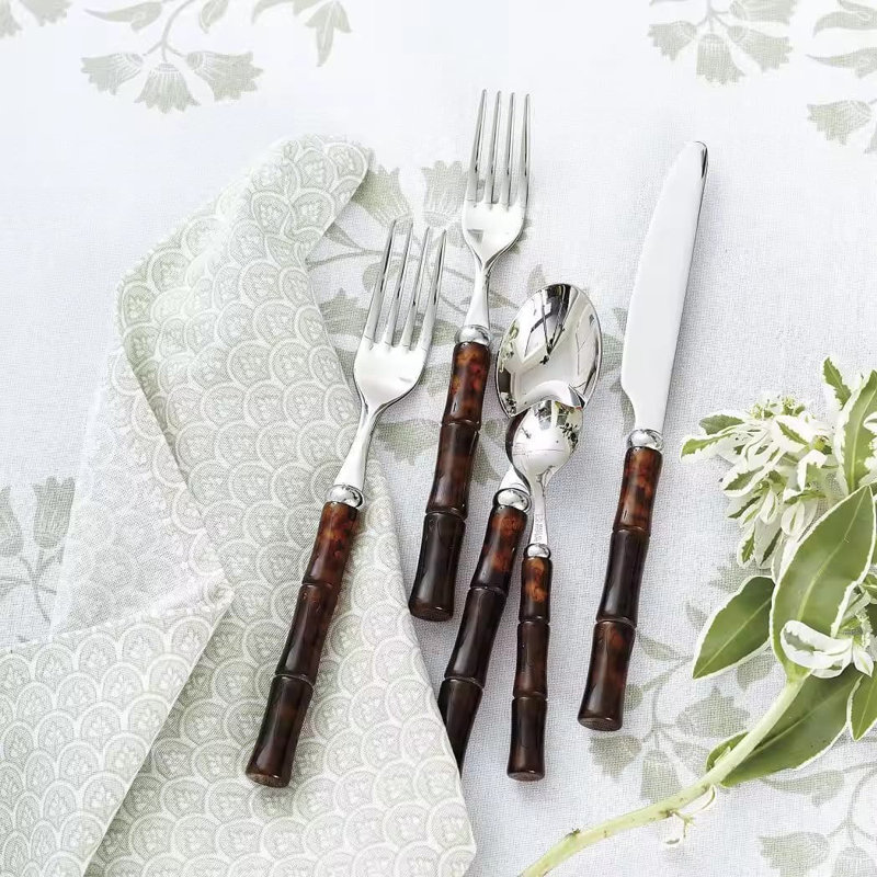 Ensemble de couverts en acier inoxydable 20 pièces 20 pièces - Couteaux à steak, fourchette, cuillère et ustensiles de cuisine en bambou
