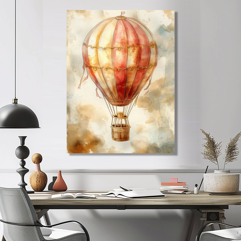 Ballon orange au-dessus des nuages du matin I - Art mural encadré rétro transport, H 44 po x l 34 po, Wrapped Canvas
