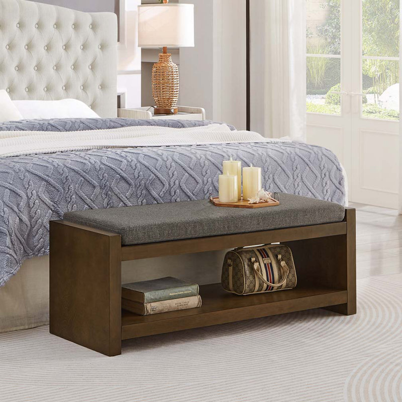 Wood Frame Storage Bench with Removable Cushion, Lower Shelf, Granite