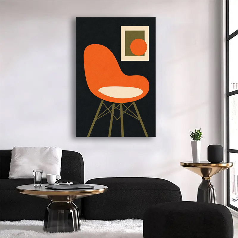 Chaise Mid-Century orange Eames avec impression d'art abstrait sur toile rétro, 24 po x 32 po