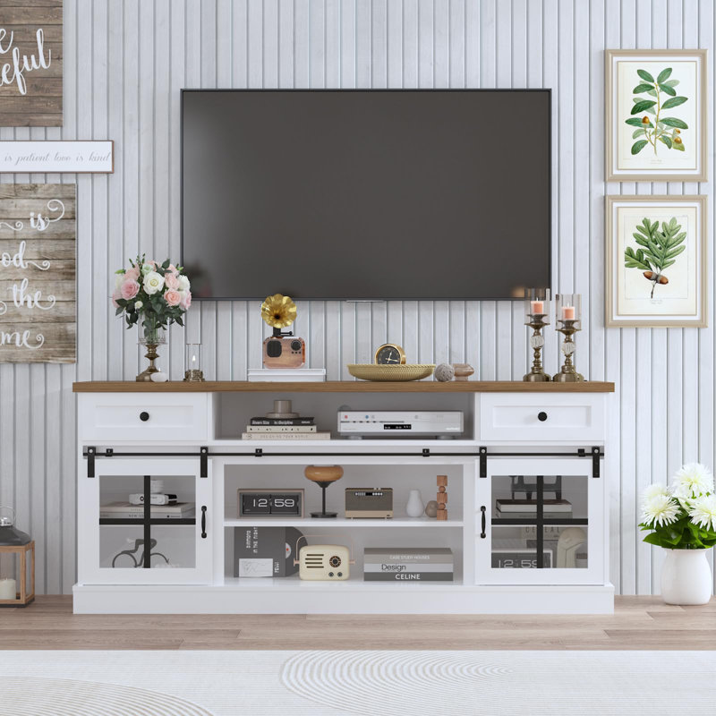 Farmhouse TV Stand for 75 in TVs, Media Console Table with 2 Drawers, Power Outlets, Barn Doors, Entertainment Center with Adjustable Shelves for Home & Office, 66"w