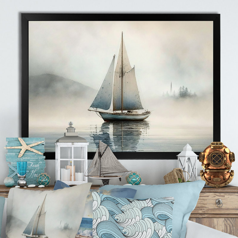 Bateau sur le lac I - décoration murale bateau côtier, Cadre simple noir, H 24 po x l 32 po x P 1 po
