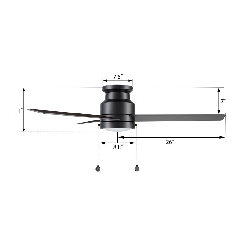 52" Pull-chain 3 Reversible Blades DC Motor Ceiling Fan with LED Light, Black