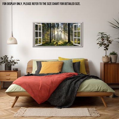  Fenêtre, décoration murale forêt, sérénité, vue imprenable sur la nature pour le salon, toile d'art paysage avec lumière du soleil, grande peinture panoramique pour chambre à coucher, 12 x 24 pouces