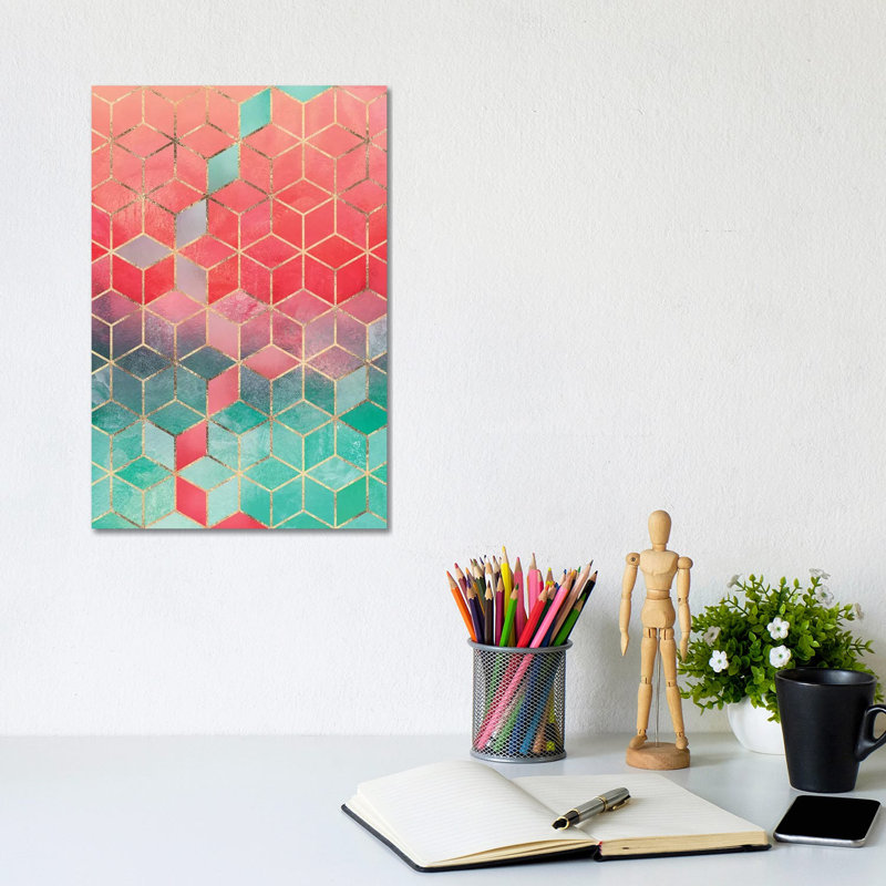 Rose & Turquoise Cubes, Rectangular by Elisabeth Fredriksson - Wrapped Canvas Print, 20.32 cm H x 30.48 cm W