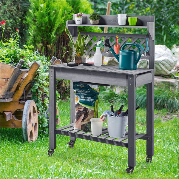 Jihane Fir Wood Potting Bench with Sliding Tabletop, Grey