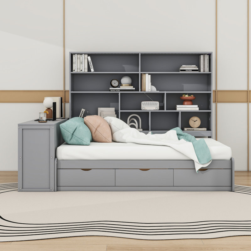 Full Size Wooden Daybed with Built-in Lights, Storage Shelves, Charging station and Drawers, Gray