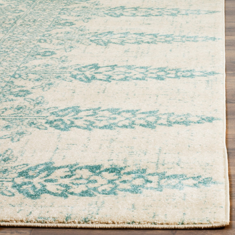 Annette Damask Ivory/Teal Area Rug, Square 6'7"