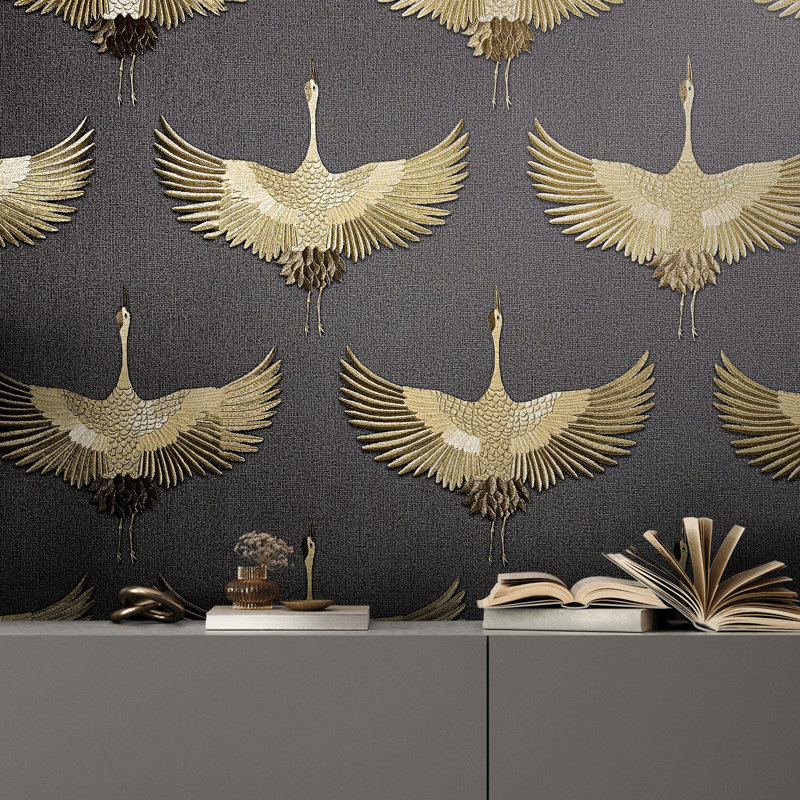 Kumano Pearleascent 3D Embossed Stork Design Wallpaper Roll, Black