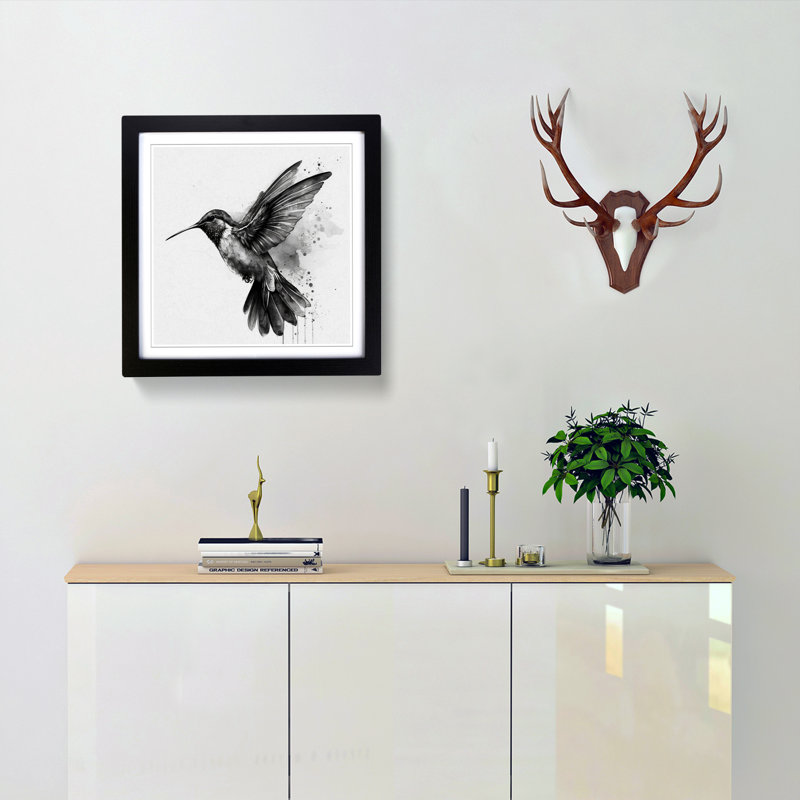 Hummingbird Ink Wash - Single Picture Frame Print on Wood, Black