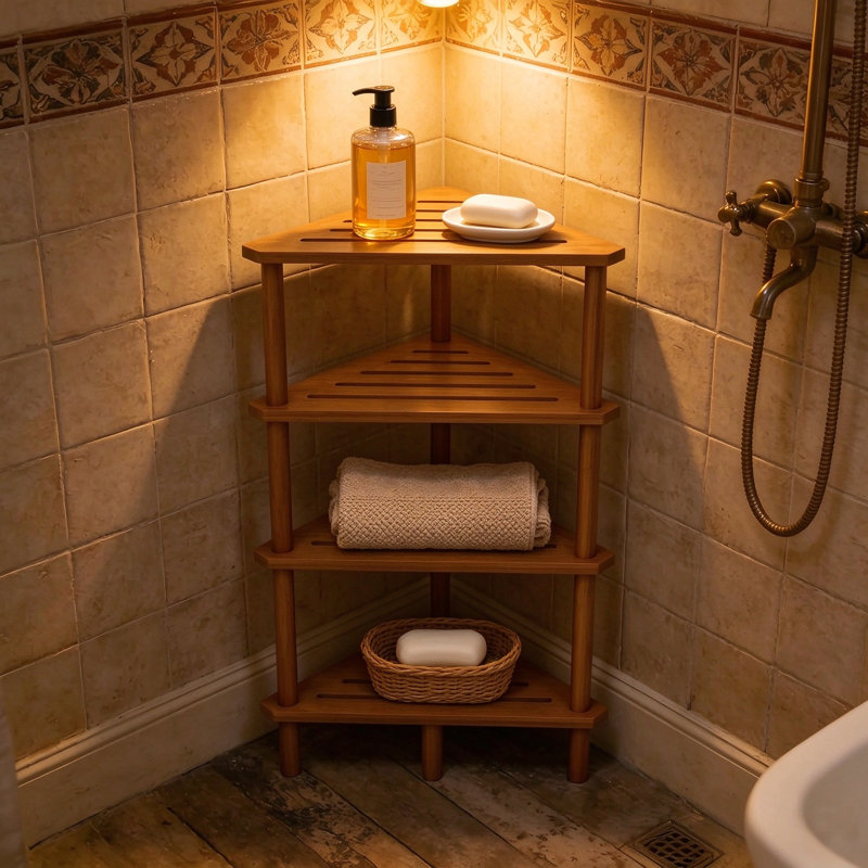 Freestanding Bamboo Shower Caddy, 35.43" H x 16.89" W x  12.2" D