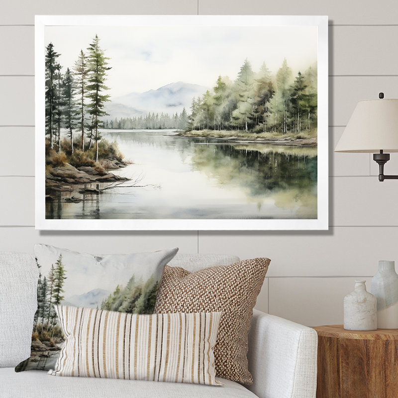 Scandinavian Lake Tranquility sur impression sur toile, H 16 po x l 32 po x P 1 po, Cadre simple blanc
