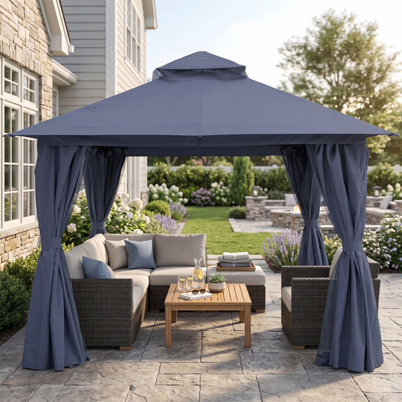 Gazebo d'extérieur 10'x10' avec moustiquaire et rideaux d'intimité, H 9,3 pi x l 10 pi x P 10 pi, Marine
