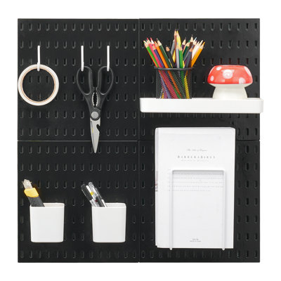 Ensemble de panneau perforé combiné, panneau perforé en plastique 28 x 28 cm, 4 panneaux, ensemble d'organisation murale avec accessoires, noir