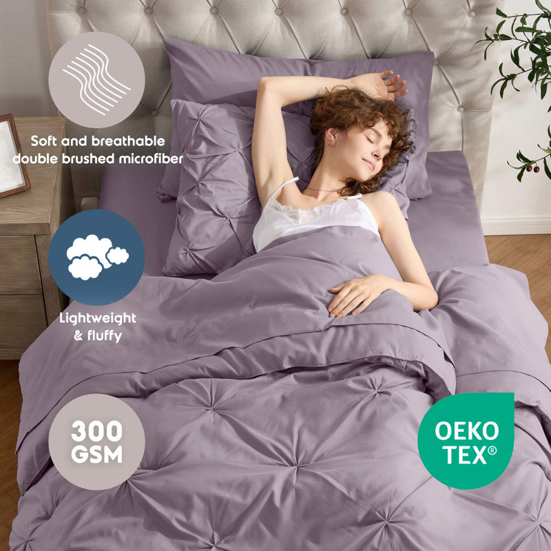 Bed-in-A-Bag Pleated Comforter Set with Bed Sheets, Twin Comforter + 4 Additional Pieces, Greyish Purple