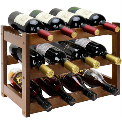 Support à vin en bambou, étagère de rangement à 3 niveaux pour 12 bouteilles de vin, comptoir à vin autoportant en bambou facile à assembler pour comptoir de cuisine, noyer