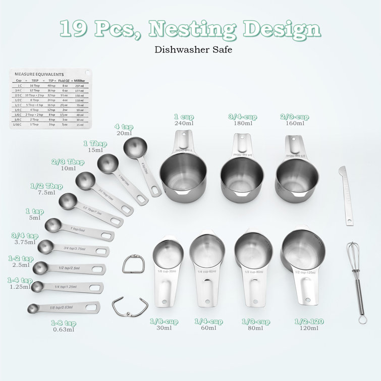 Measuring Cups and Spoons Set, 7 Stainless Steel Nesting Measuring Cups & 7  Spoons, 5 Mini Measuring Spoons & 2 Detachable Rings, Kitchen Gadgets for