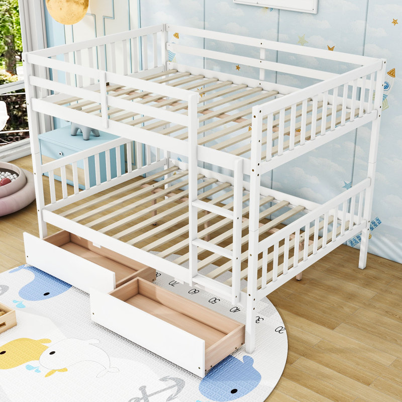 Two Drawers Rubber Wood Bunk Bed, Full, White