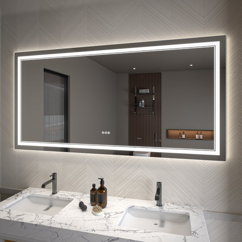Miroir de salle de bain à DEL avec éclairage de façade en verre trempé anti-buée, 36 po x 72 po