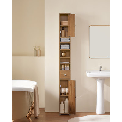 Armoire de rangement étroite pour salle de bain avec 2 portes, 1 tiroir, naturel
