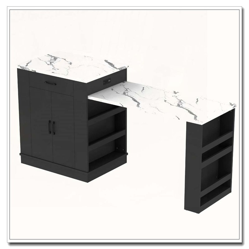 Console d'îlot extensible avec tiroirs, armoire à deux portes et tablettes ouvertes, Noir / blanc