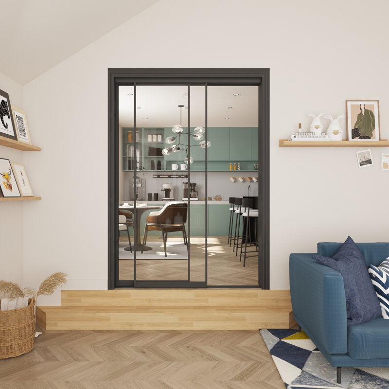 Porte de garde-robe coulissante en verre trempé transparent avec cadre en aluminium noir 80 po H x l 48 po avec quincaillerie 2 panneaux  
