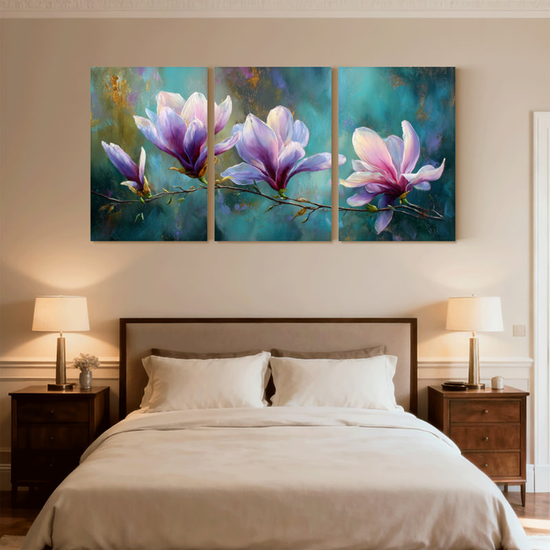 Plantes et fleurs, fleurs de magnolia mauves sur branches, ensemble de 3 impressions sur toile, H 18 po x l 36 po
