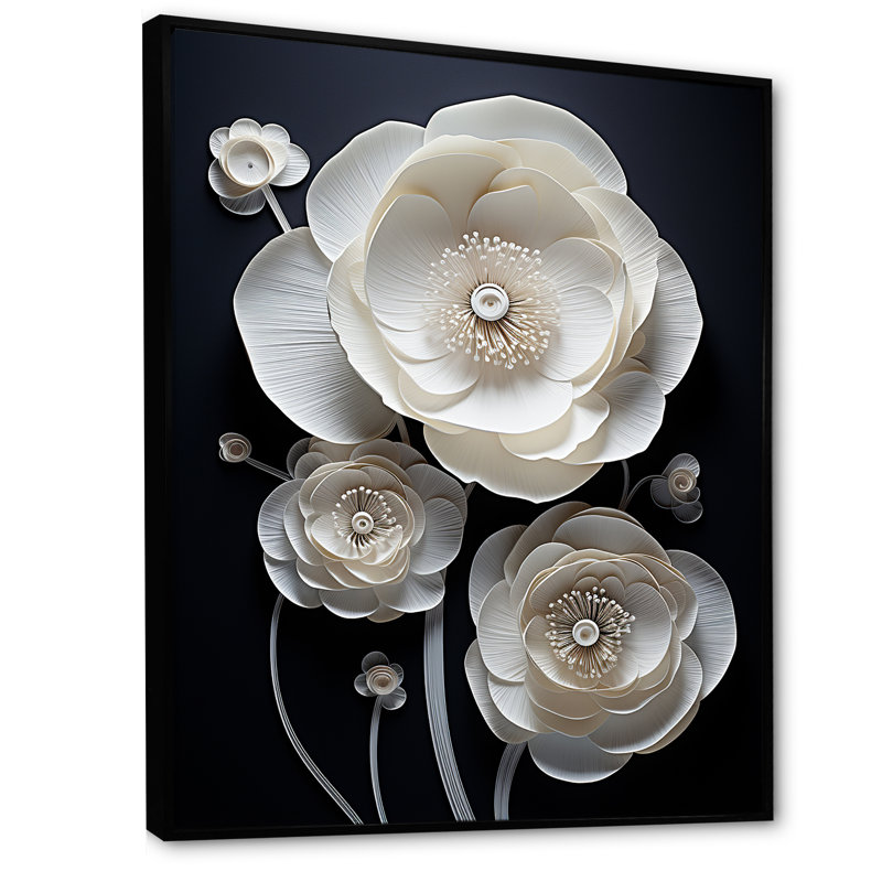 Blanc et noir, délices floraux en renoncule sur toile, Cadre flottant noir, H 40 po x l 30 po x P 1,5 po