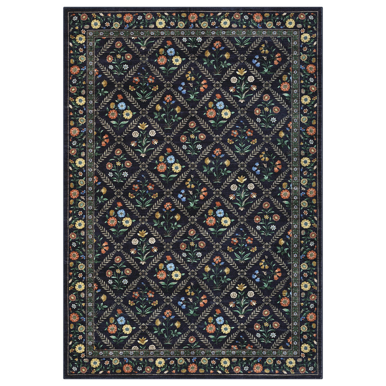 Machine Washable Area Rugs Floral Print Accent Carpet with Non-Slip Backing, Stain-Resistant Farmhouse Floor Cover, Soft Low Pile Indoor Mat for Bedroom, Kitchen, Office