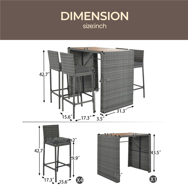 5-Pieces Outdoor Patio Wicker Bar Set