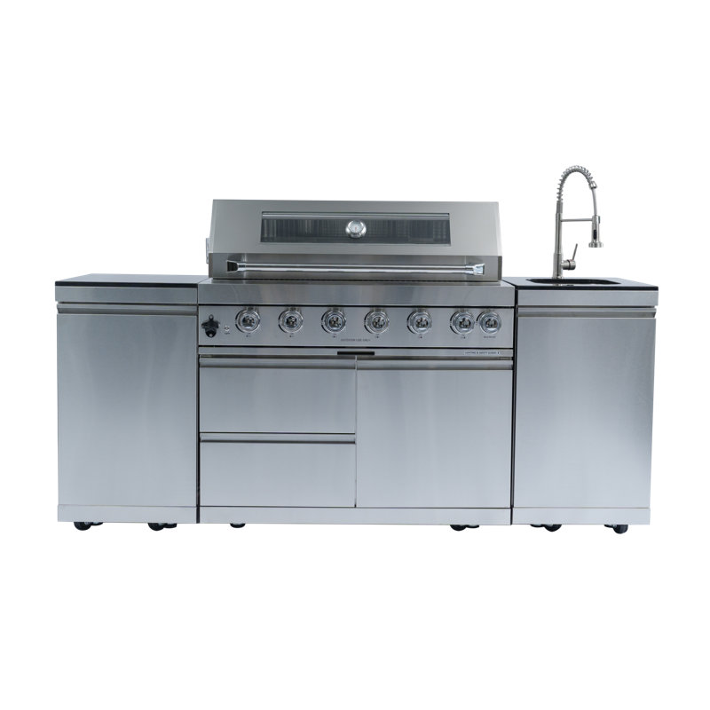 Barbecue au propane à 6 brûleurs Daheat Deluxe en acier inoxydable de 43 po avec rôtissoire, comptoirs en granit, armoire de rangement, évier, argent
