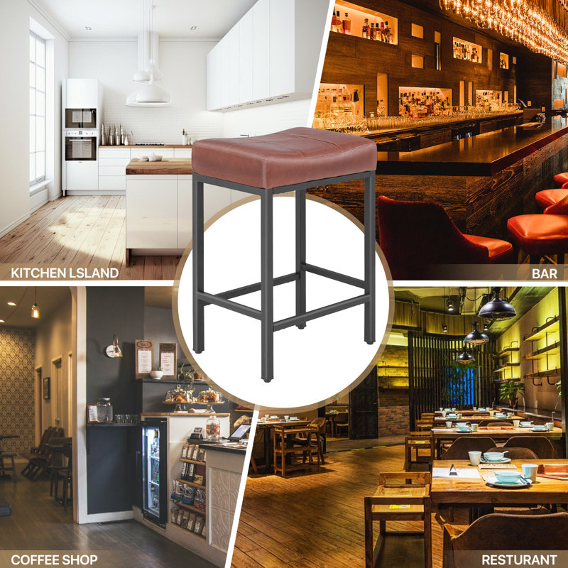 Upholstered Saddle Bar Stools Counter Height Stools Barstools Bar Chairs with Curved Seat & Footrest, Reddish Brown