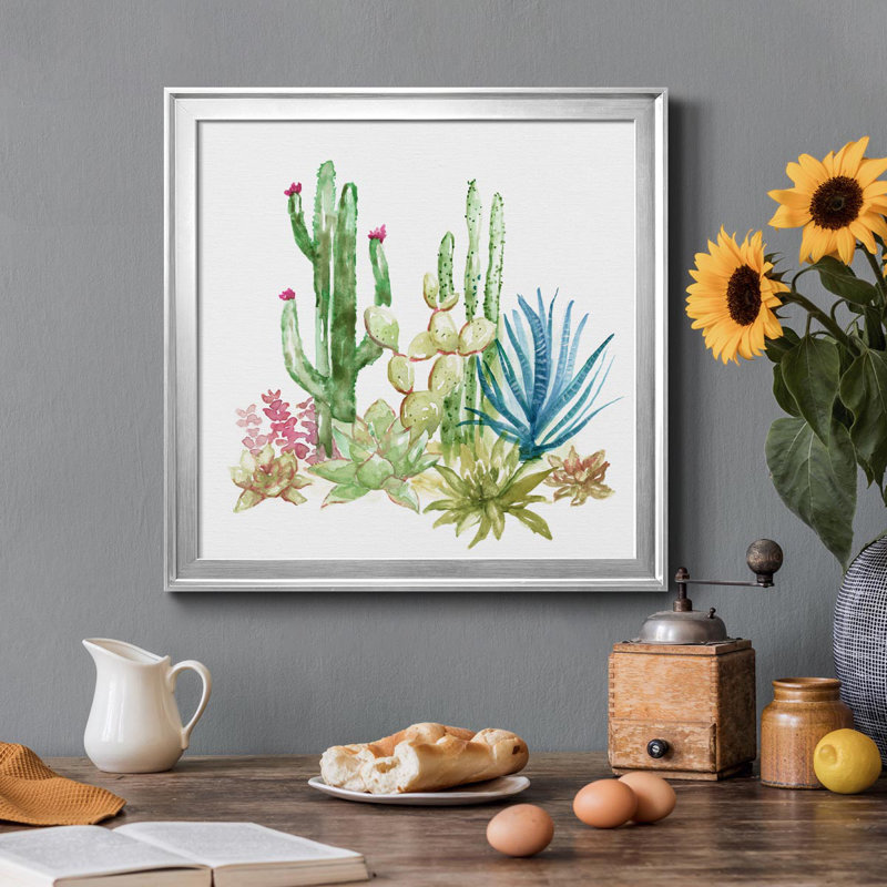 Cactus Vignette I - peinture sur toile encadrée, H 34,5 po x l 34,5 po x P 1,5 po, Argent