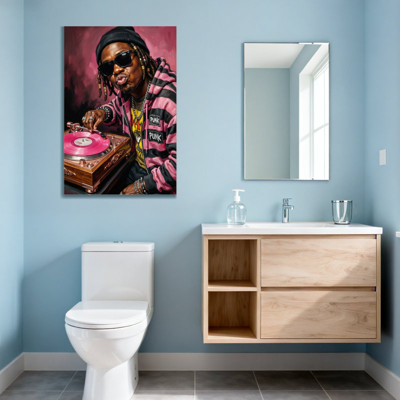 Fashion DJ jouant un disque vinyle avec une housse rose, H 30 po x l 20 po