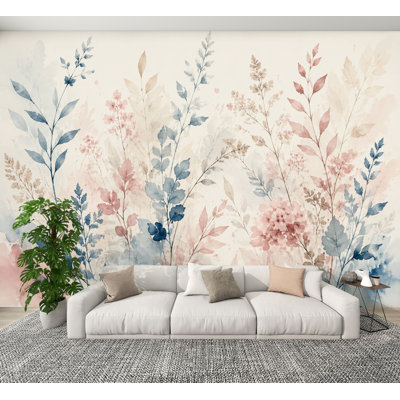 Papier peint à peler et coller aquarelle délicate, bouquet floral, pastels bleus doux, roses, roses, papier peint amovible H 100 po x l 144 po, adhésif mural en PVC pour chambre à coucher, bureau à domicile