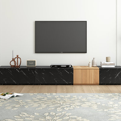 Stylish Tv Stand In Black With Faux Marble & Walnut, 4 Drawer Storage, For 88" Tvs, Living Room Decorative Option Accessory Walnut Grain Finish, Storage Drawers, Essential Furnishing
