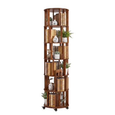 Bibliothèque rotative à 6 niveaux, tour de bibliothèque rotative en bois massif avec roulettes, bibliothèque rotative à 360 ° pour petits espaces, coin, chambre à coucher, salon, maison, bureau